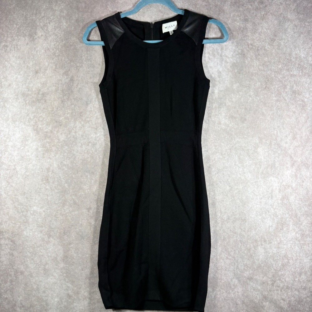 Milly Dress Womens P Black Leather Trim Sheath Sleeveless Knit Cocktail Evening